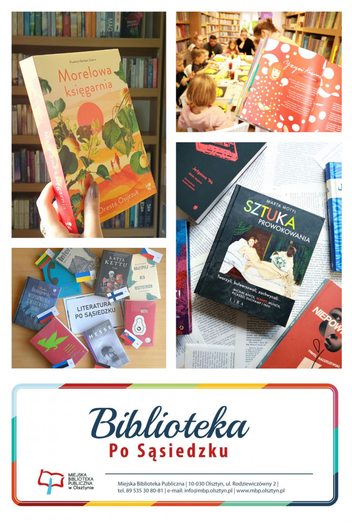 zdjęcie przedstawia książki oraz logo biblioteki
