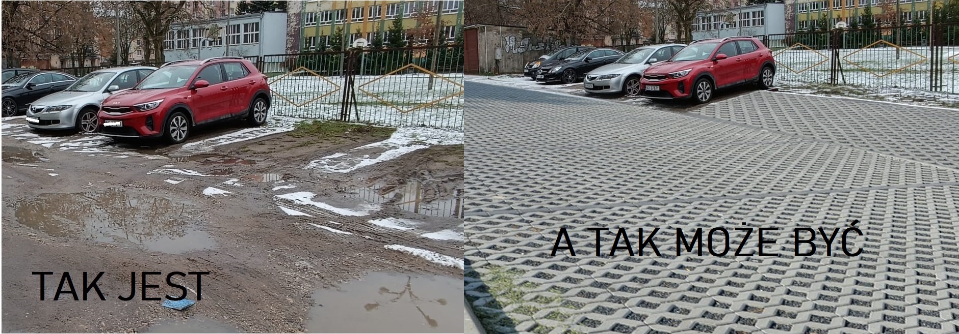 Zdjęcie przedstawia zestawienie tego w jakim stanie jest parking i wizualizację jak może wyglądać