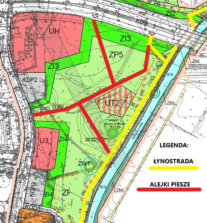 Potencjalny przebieg alejek pieszych w odniesieniu do MPZP