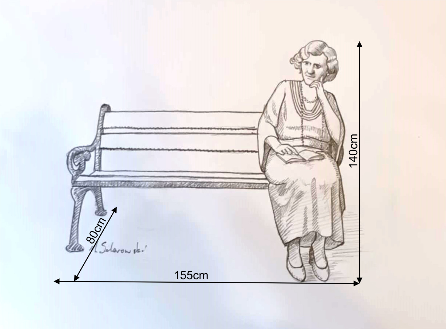 szkic projektu długość ławki 155cm-wysokość postaci 140cm-szerokość 80cm