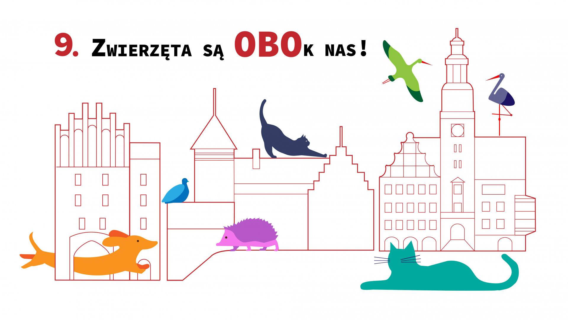 Grafika przedstawiająca zabytki Olsztyna i zwierzęta Grafika przedstawiająca zabytki Olsztyna i zwierzęta